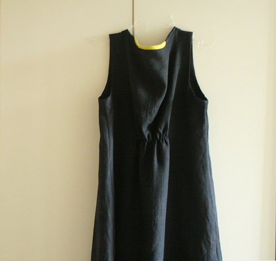 pamela tang - black linen gathered dress and citron neck detail