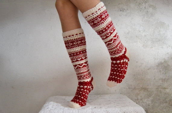 woolspace - handknit red and white socks