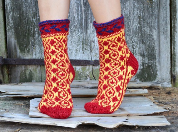 woolspace - handknit red yellow and blue socks