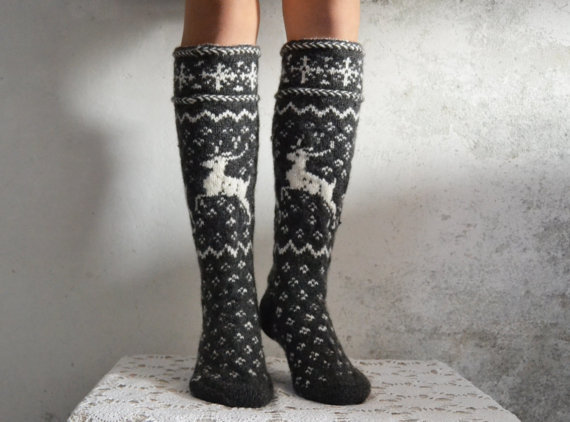 woolspace - handknit reindeer socks in grey and white