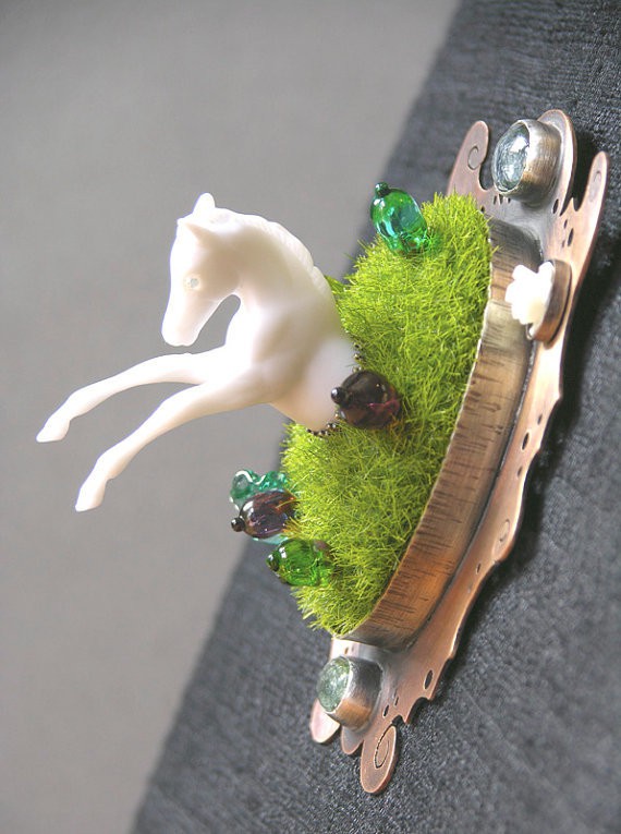 doll disaster design - ghost horse diorama brooch